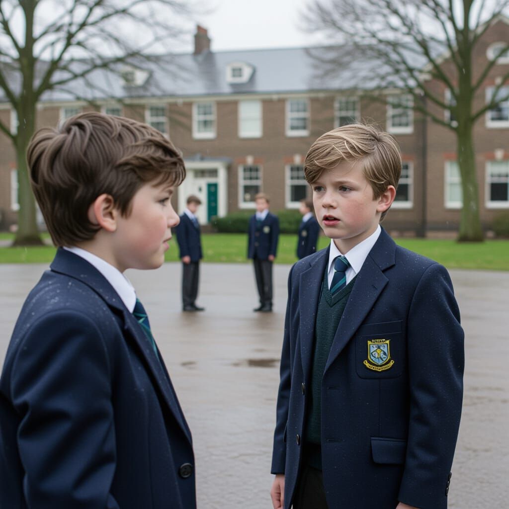 Boys After Argument in Rain-Soaked Schoolyard
