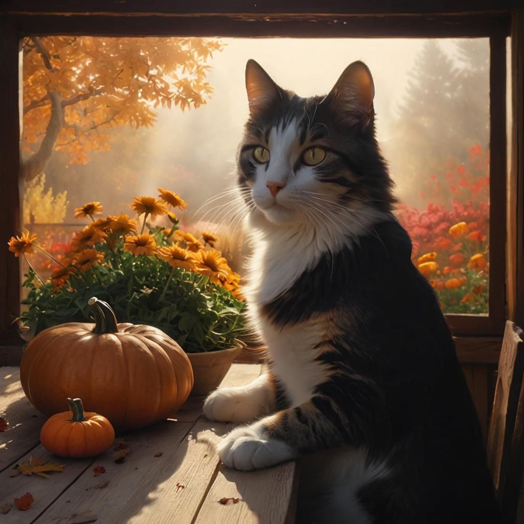 Impressionist Cat Lounging in Autumn Garden