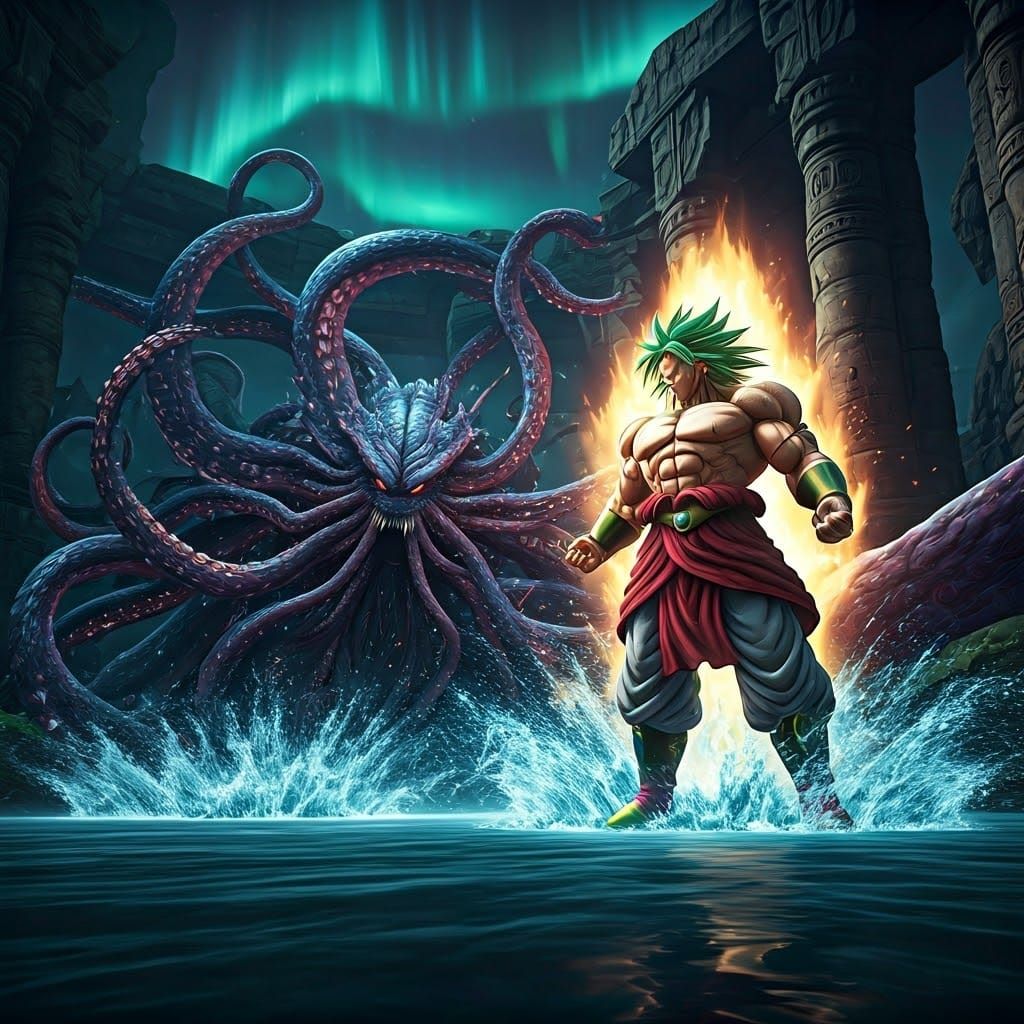 Kraken vs Super Saiyan Broly in Bioluminescent Arena
