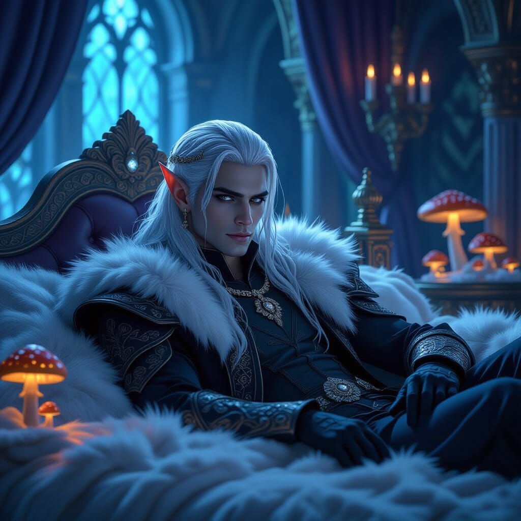 Drow Elf Prince in Mystical Castle Illuminated by Crystals
