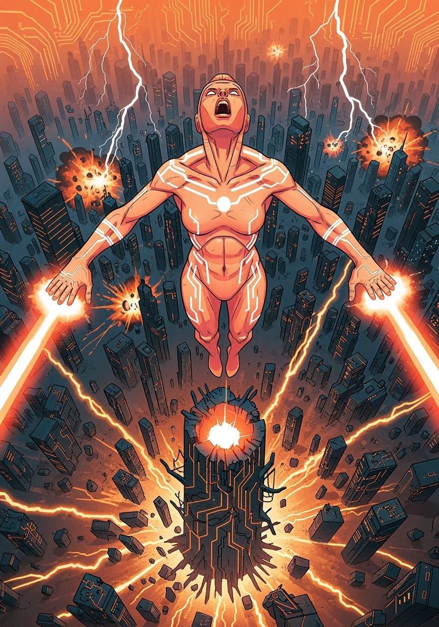 Superhero Destroyer in Cyberpunk Cityscape