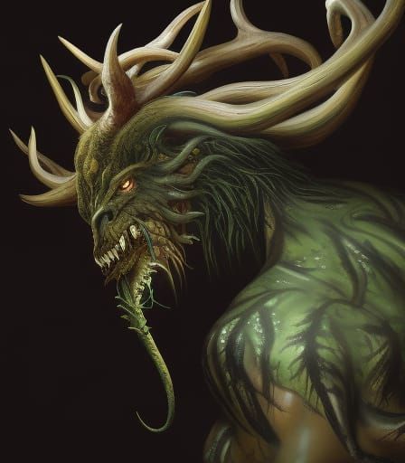 a screeching beast covered in green moss