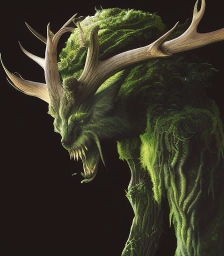 a screeching beast covered in green moss