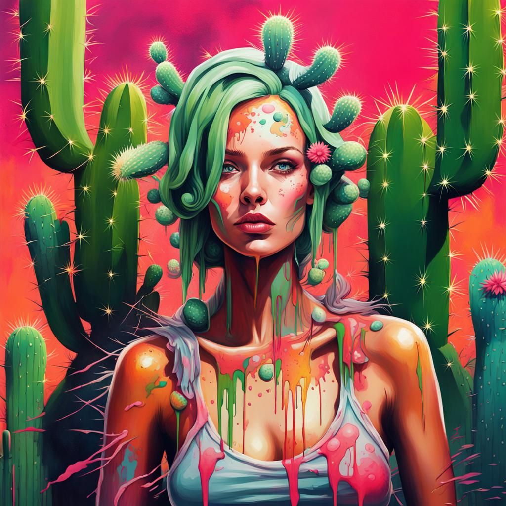 Charming Woman Transformed into Cactus: Graffiti Art