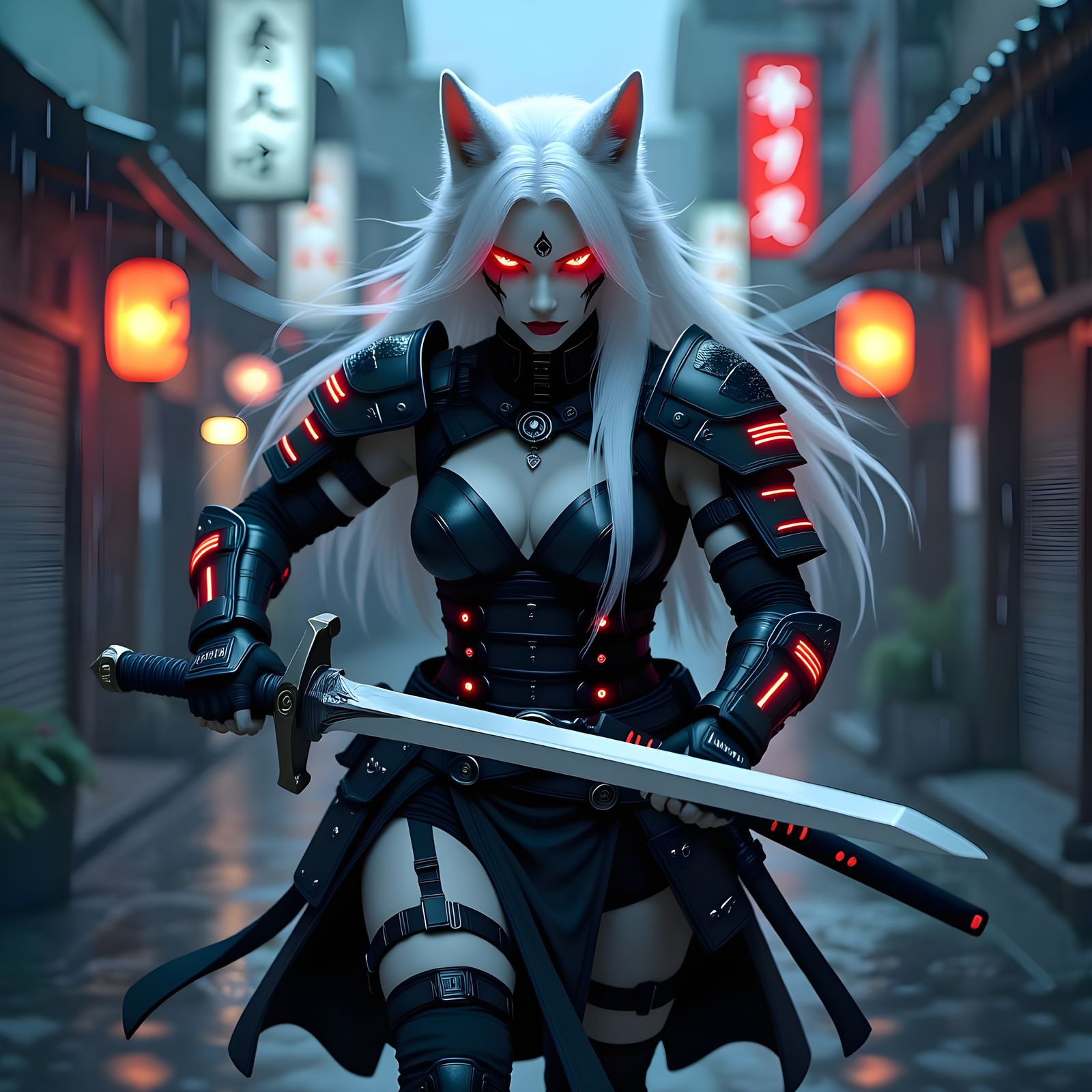 Gothic Cyberpunk Werewolf Samurai in Dystopian Neo-Tokyo