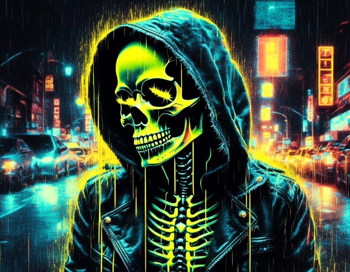 Neon Skeleton Cityscape in Double Exposure Style