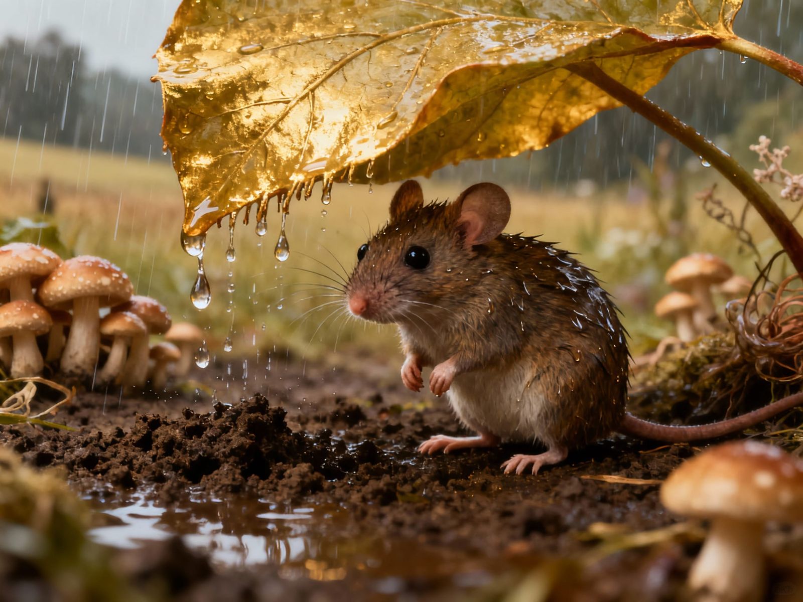 Mouse Shelters Under Giant Leaf in Golden Light