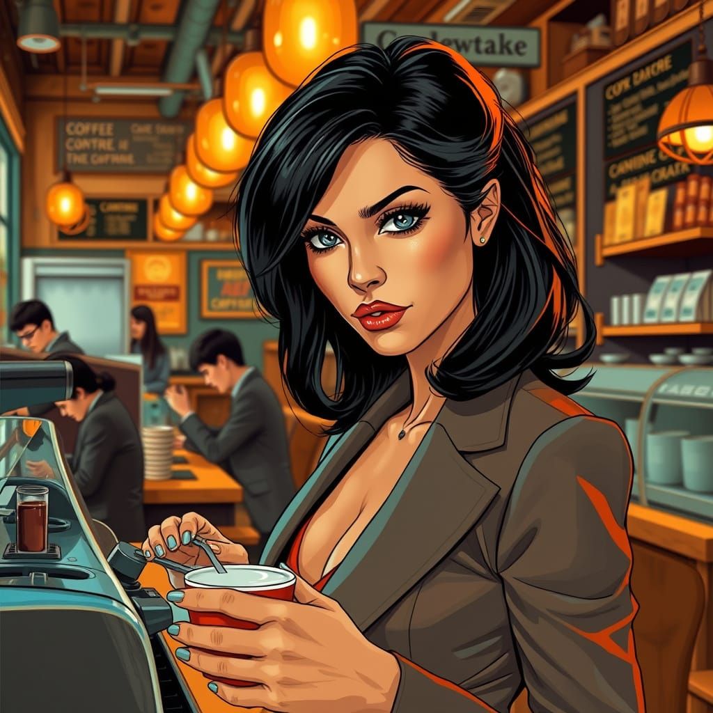 Elegant Woman Picks Up Coffee, Detailed Art Nouveau Style