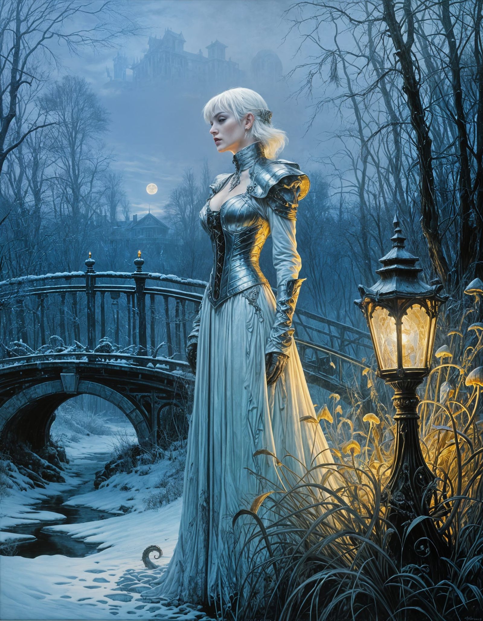 Eerie Woman in Snowy, Misty Landscape