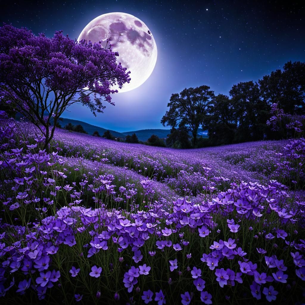 Purple Wildflower Field Under Moonlight