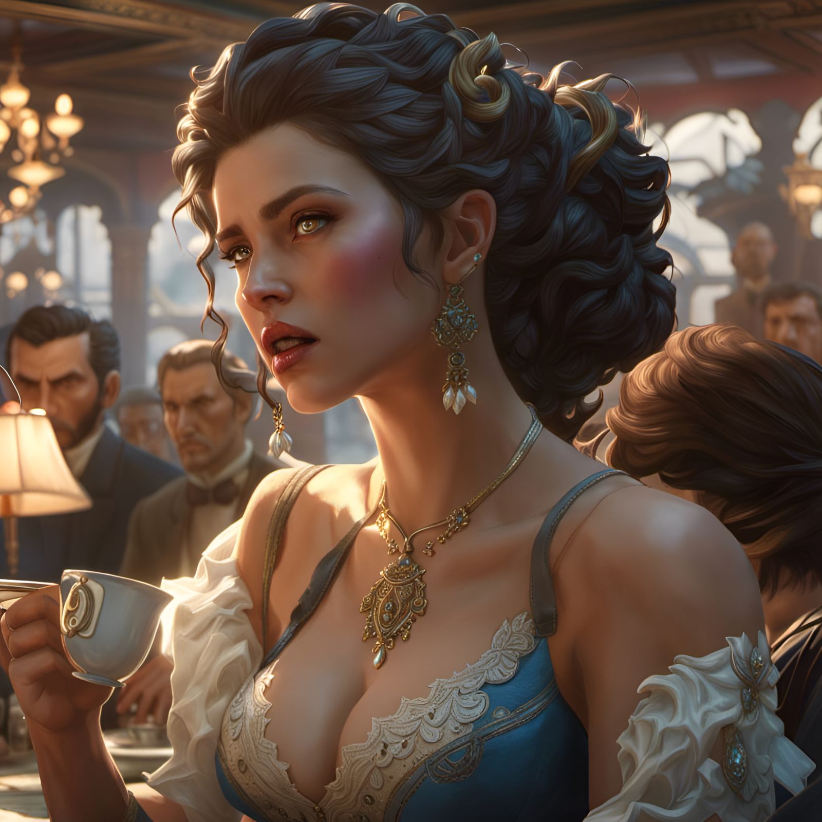 Angry Woman in Cafe, Rococo Style, Hyperdetailed