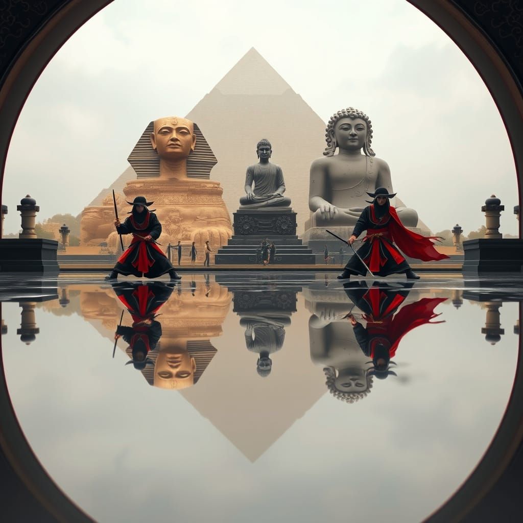 Samurai Duel Between Sphinx and Buddha: Digital Art