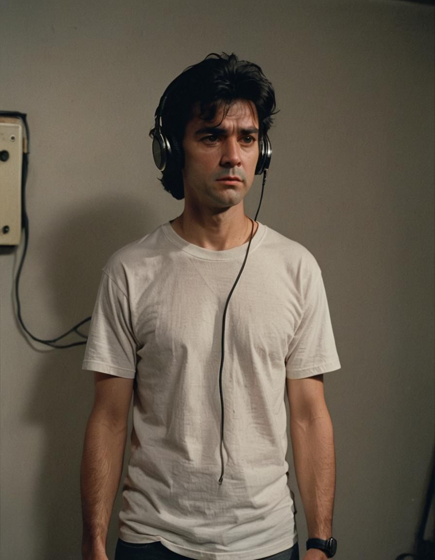1980s Man with Headphones: Cinematic Film Still