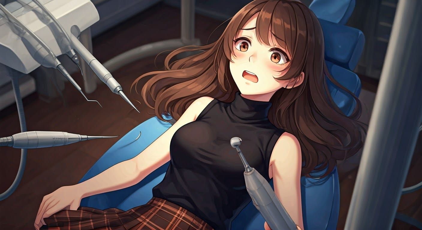 Distressed Anime Girl in Dentist Chair, Manga Style