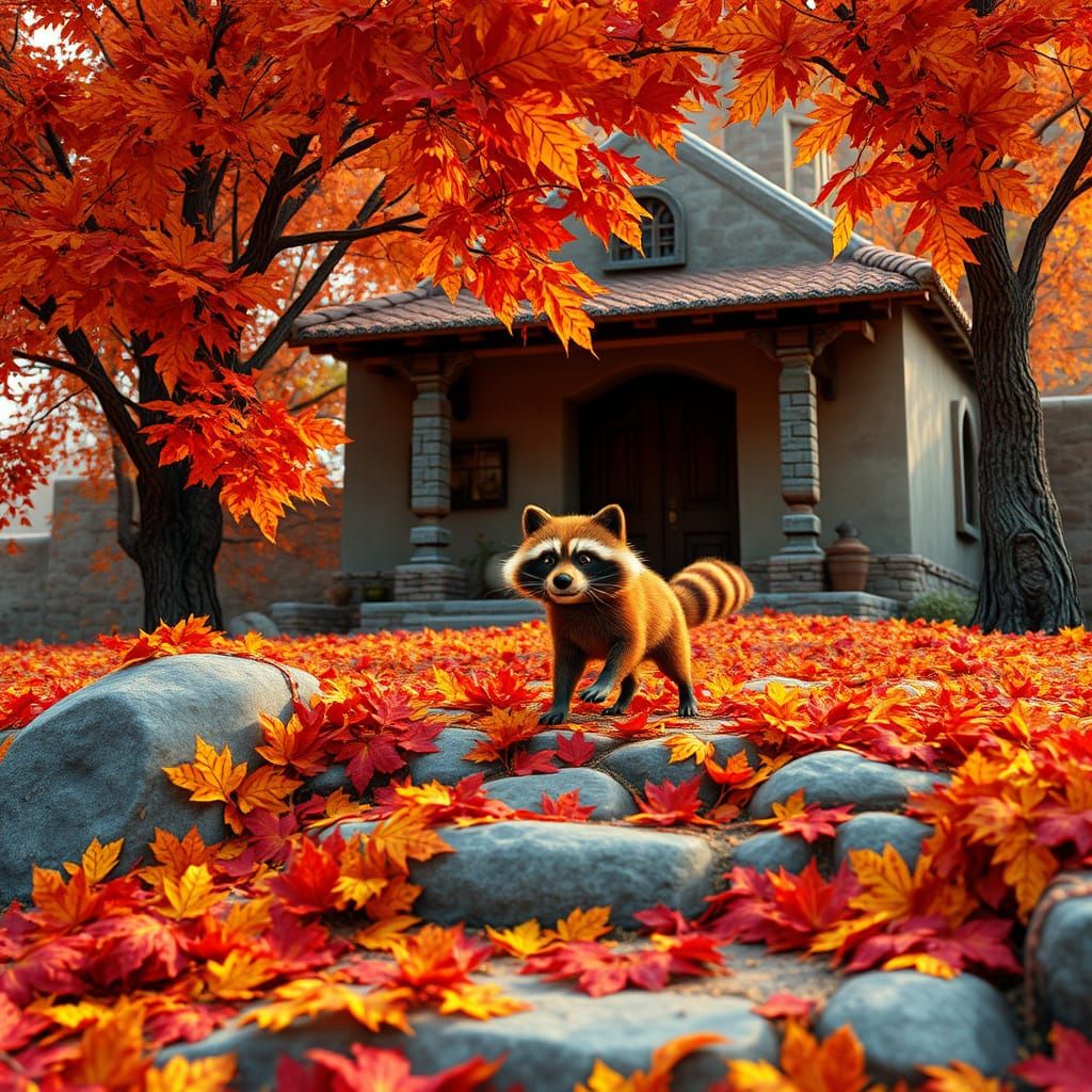 Mischievous Raccoon in Fall Pueblo Setting