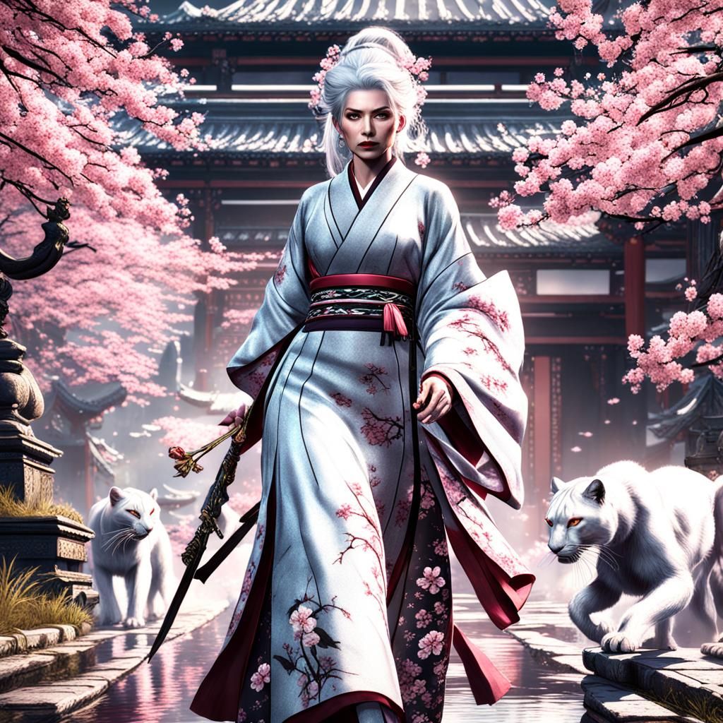 Enchantress in Kimono Walking with Panthers