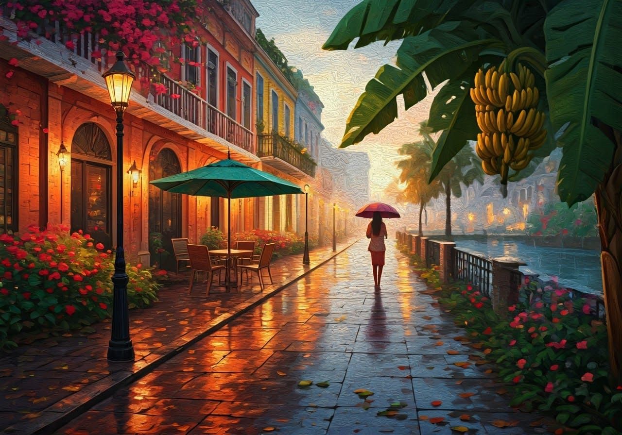 Vibrant Caribbean Riverside Cafe on a Rainy Spring Day in Oi...