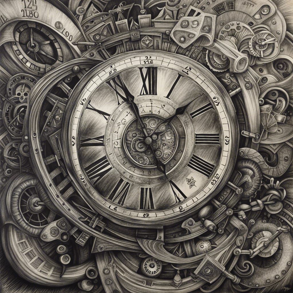 Hyperdetailed Charcoal Drawing of Time Standing Still