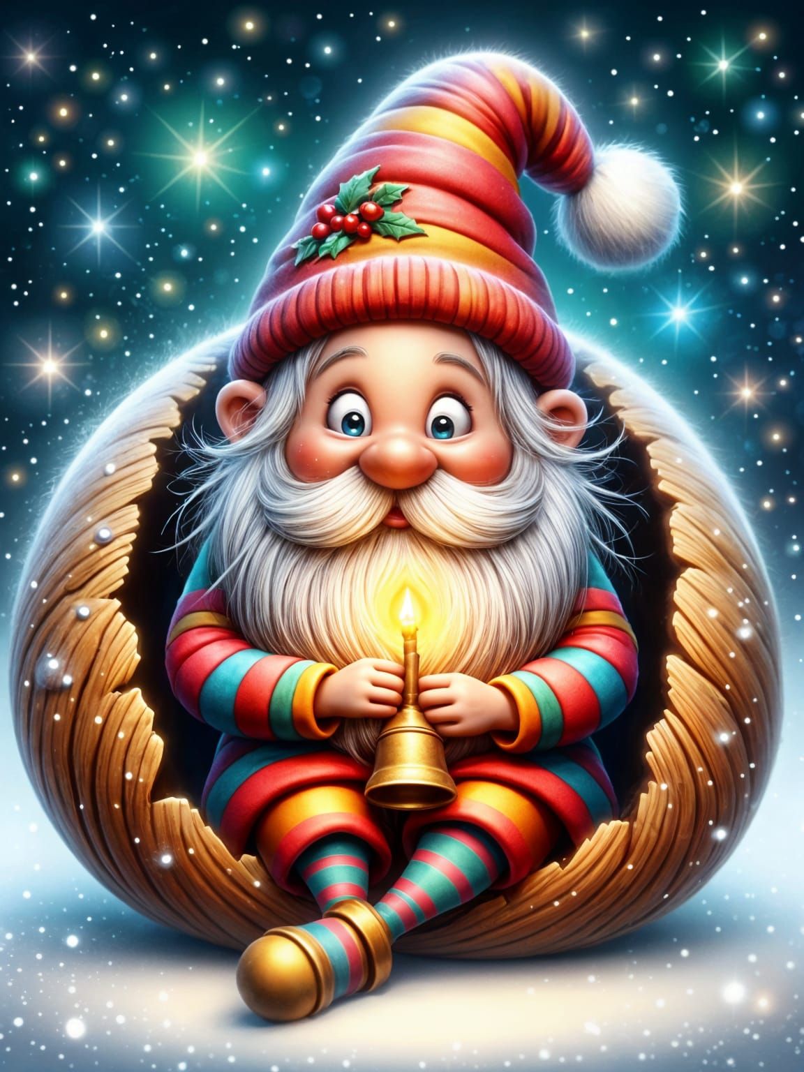 Whimsical Christmas Gnome with Glowing Golden Bell