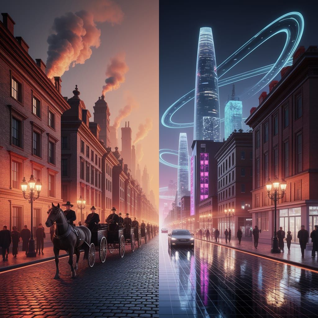 City Street Split Between Past and Future