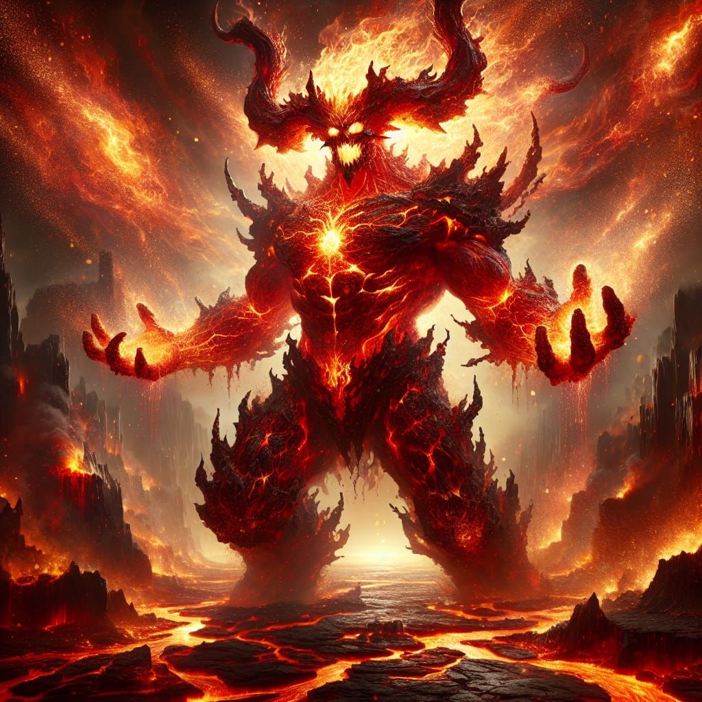 Majestic Ifrit: Fire Elemental in Volcanic Landscape