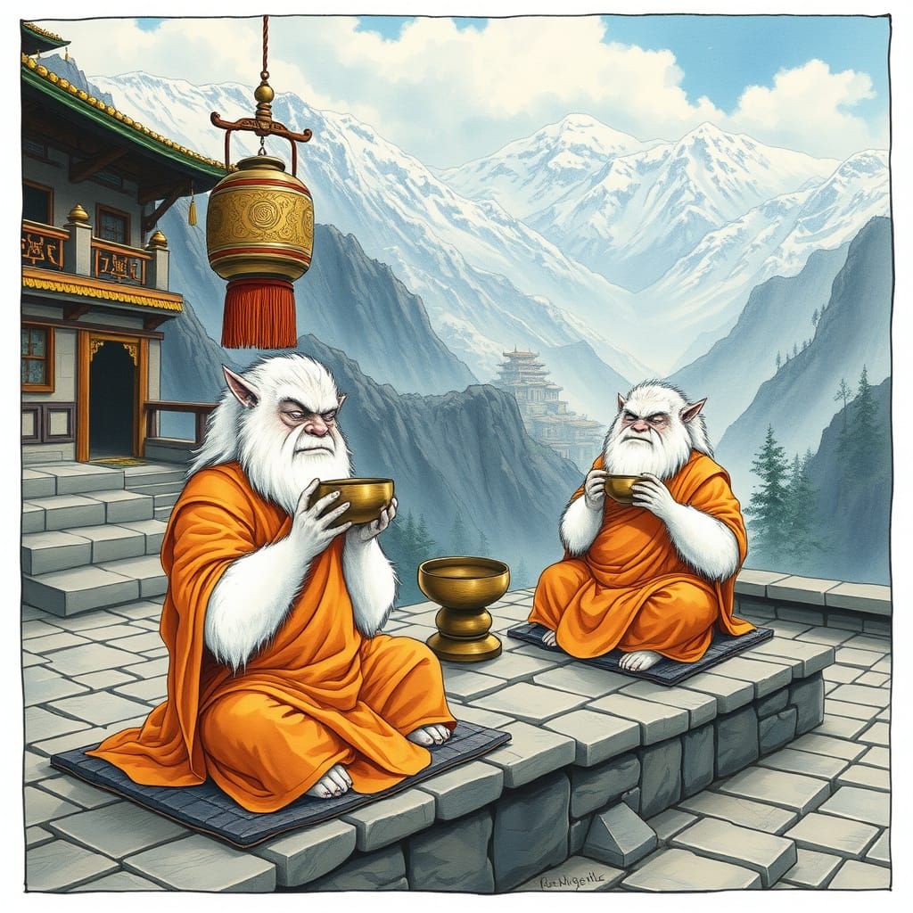Yetis Meditating in Himalayan Retreat Illustration