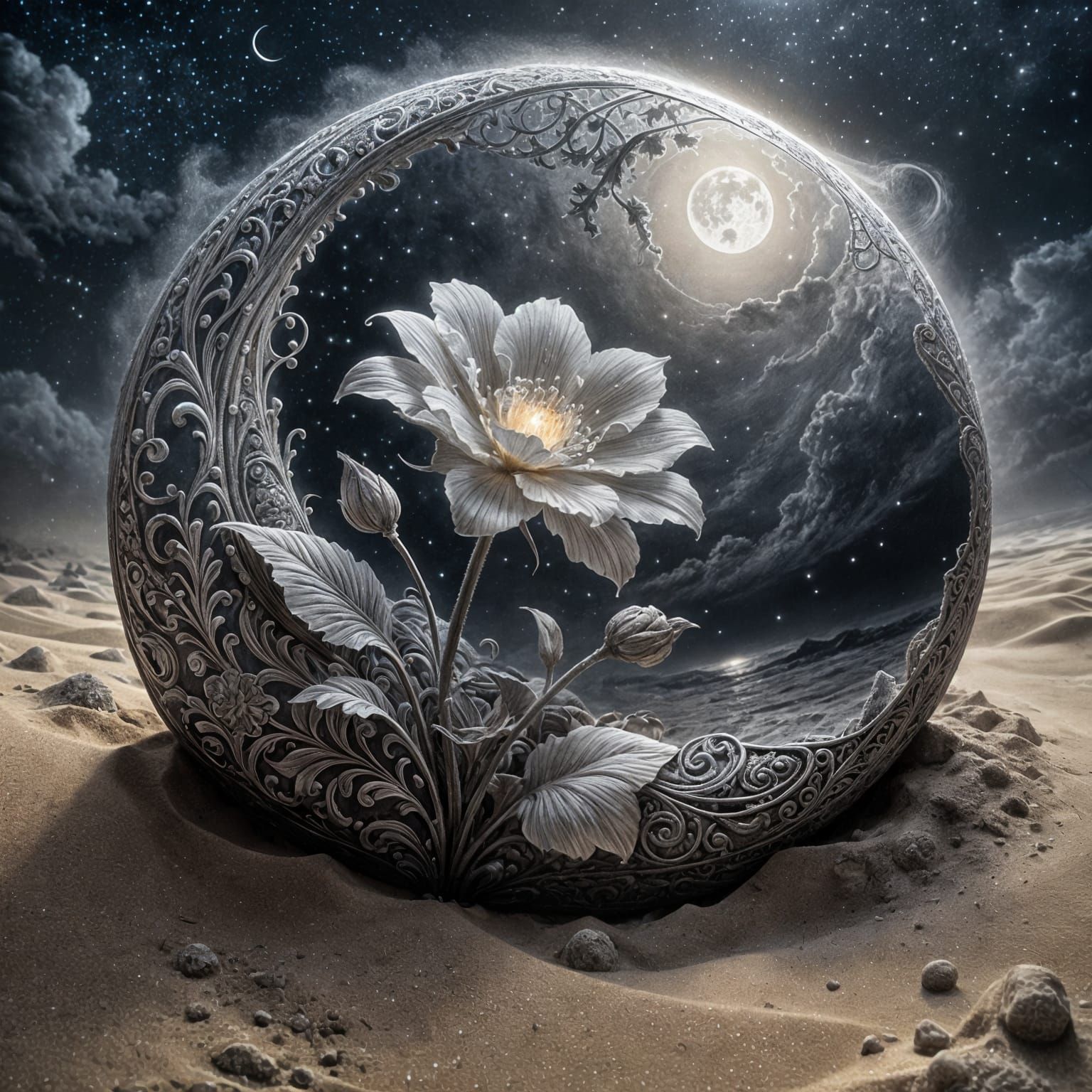 Rare Moonlit Flower in Charcoal Drawing Style