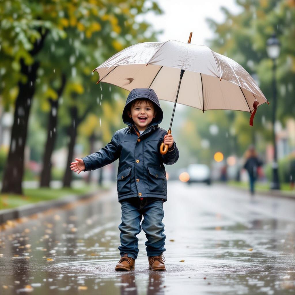 Boy Dancing in Rain with Umbrella