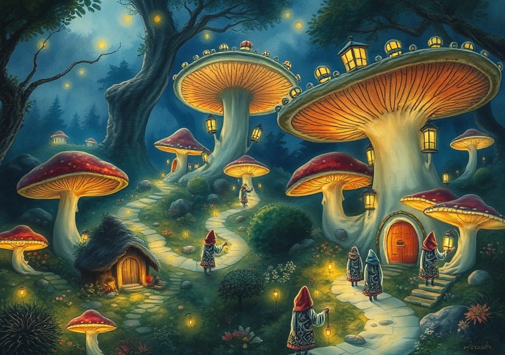 Whimsical fantasy mushroom village, illuminated by soft, eth...