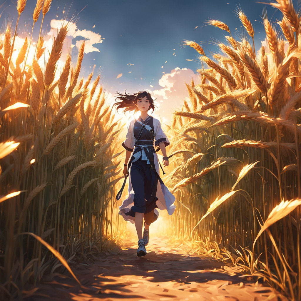 Woman Runs in Vibrant Wheat Field Under Golden Hour