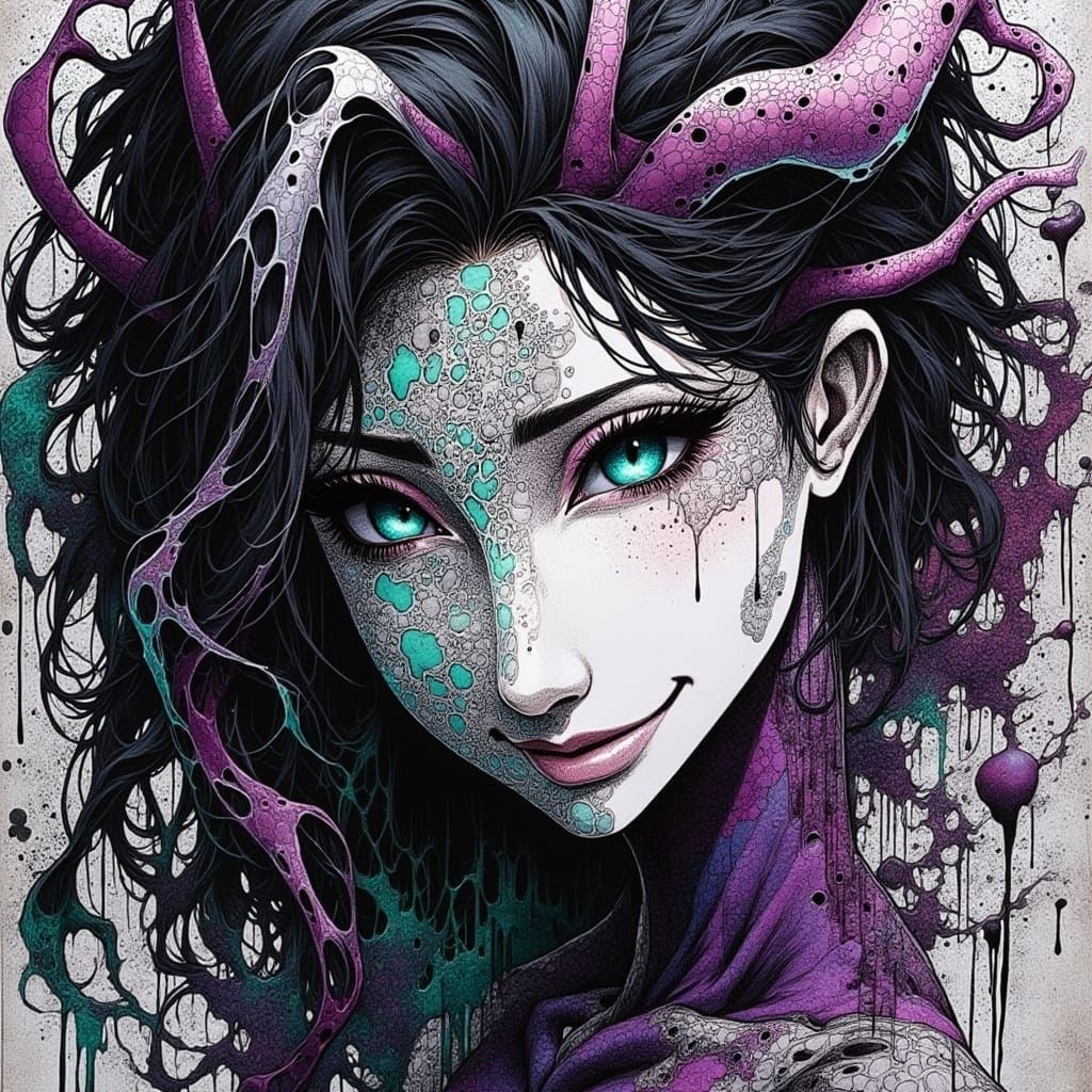 80s Anime Woman in Dark Sci-Fi Zentangle Style