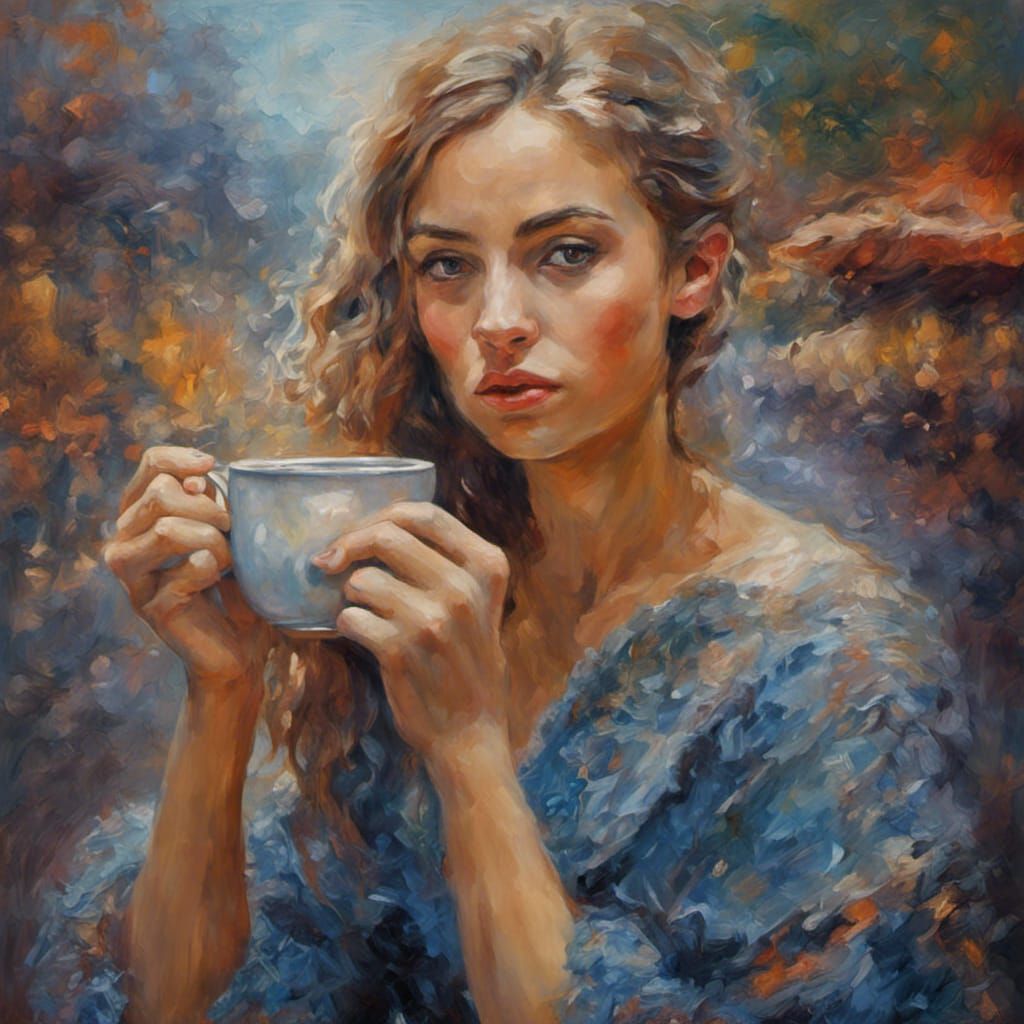 Impressionistic Girl Drinking Coffee, Detailed Digital Art