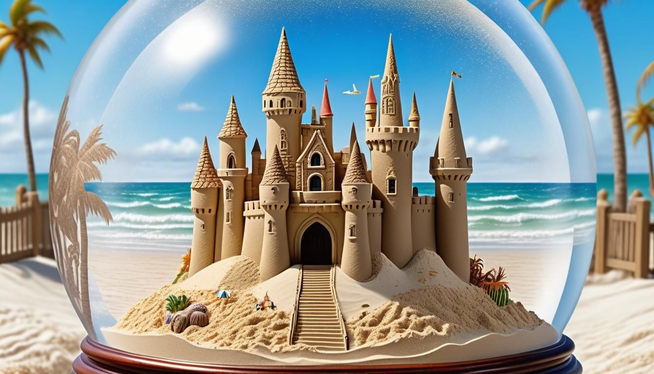 A Sand Castle Castle Inside A Snow Globe On The Beach (Conti...