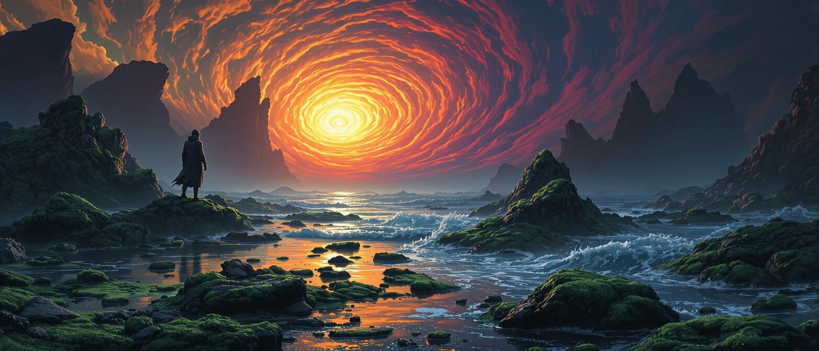 Surreal Sunset Landscape with Swirling Waves and Emerald Mos...
