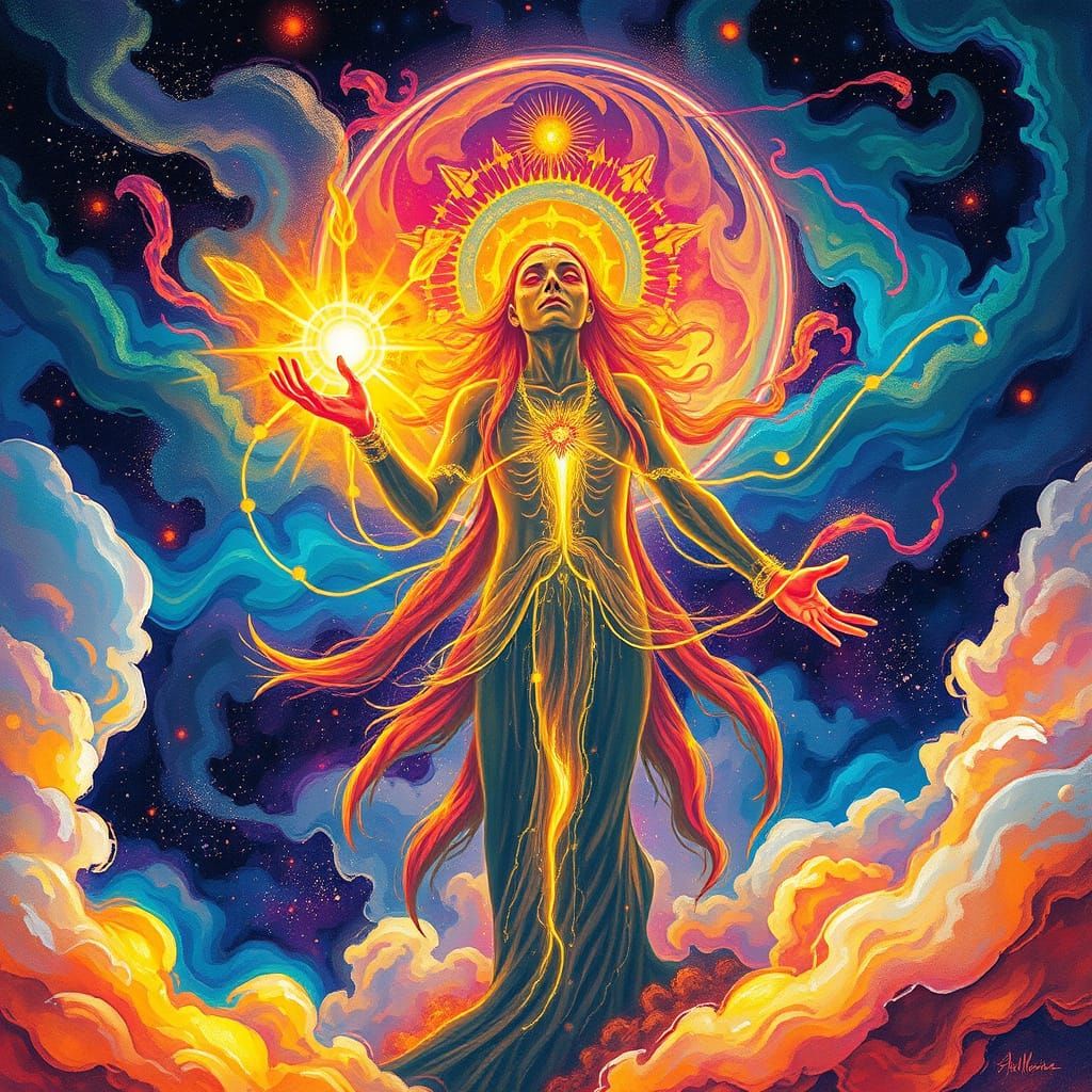 Cosmic Astral Being in Vibrant Holographic Illustration