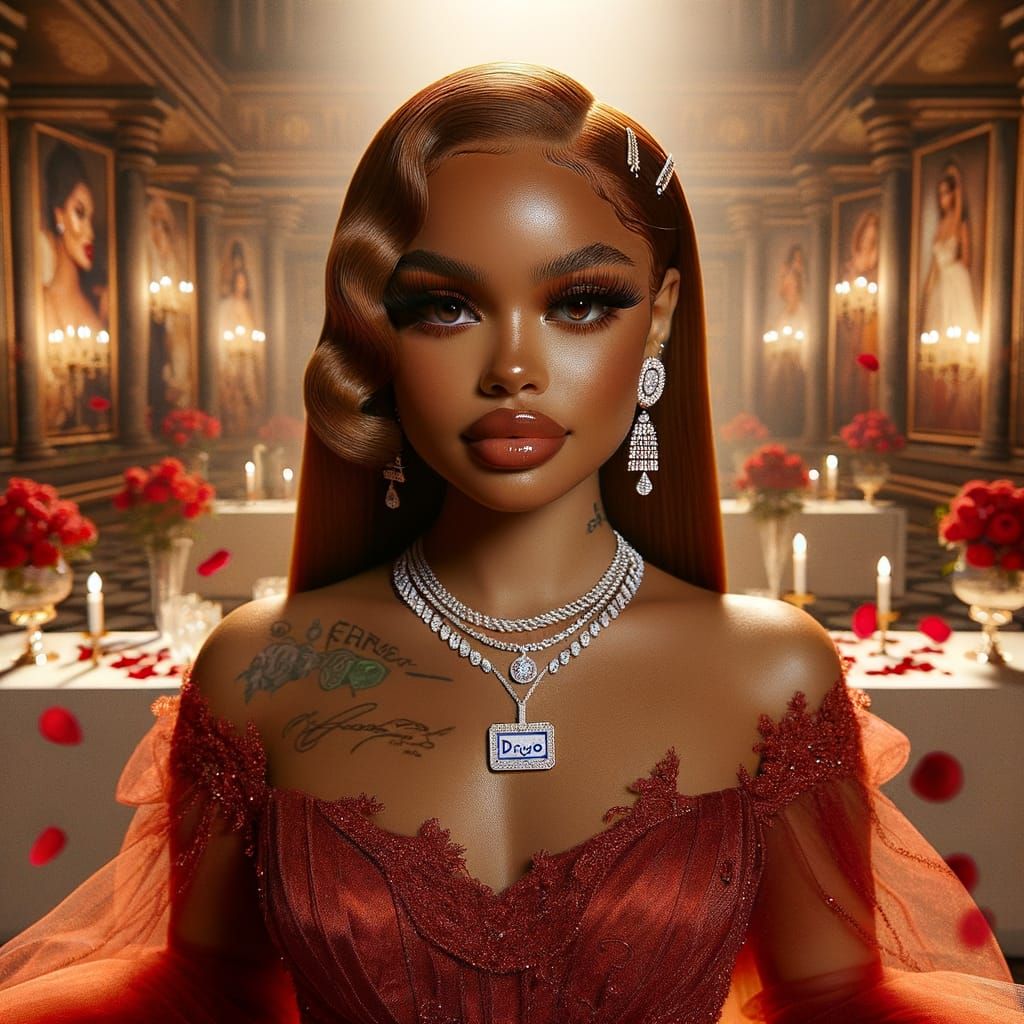 Voluptuous Woman in Red Gown with Diamond Jewelry