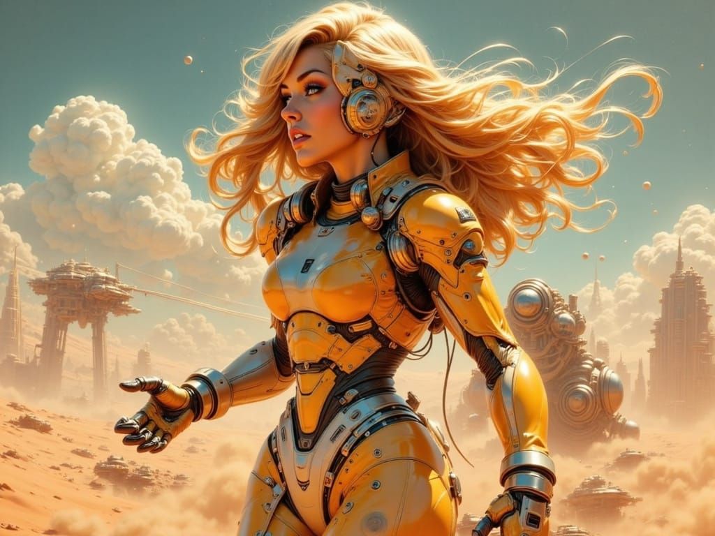 Cyborg Woman in Martian Sandstorm: Vintage-Futuristic Art