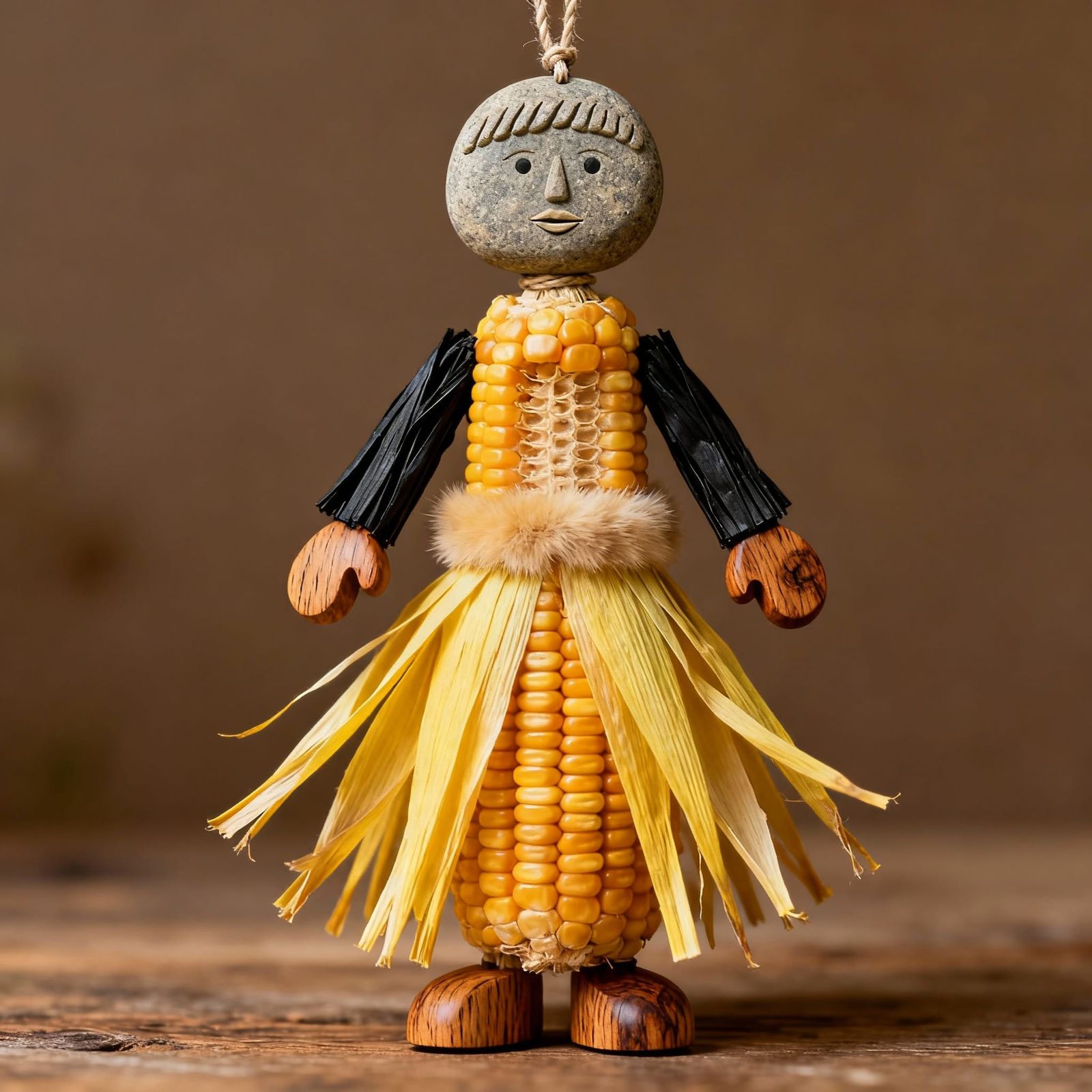 Corn Husk Doll with Pebble Face and Oak Accents