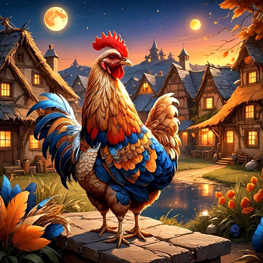 Colorful Hen in Village Style: Fantasy Concept Art