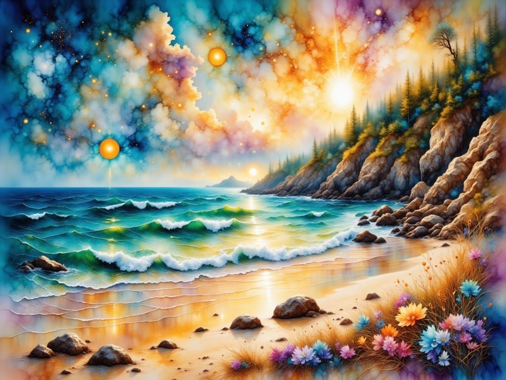 Ethereal Quantum Shores in Watercolor and Alcohol Ink Style