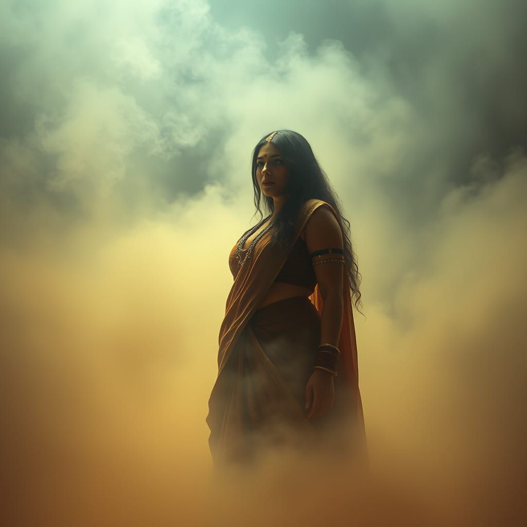 Voluptuous Woman in Tribal Dress Amidst Swirling Mist