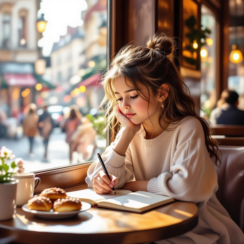Girl Sketching in Sunlit Cafe Window