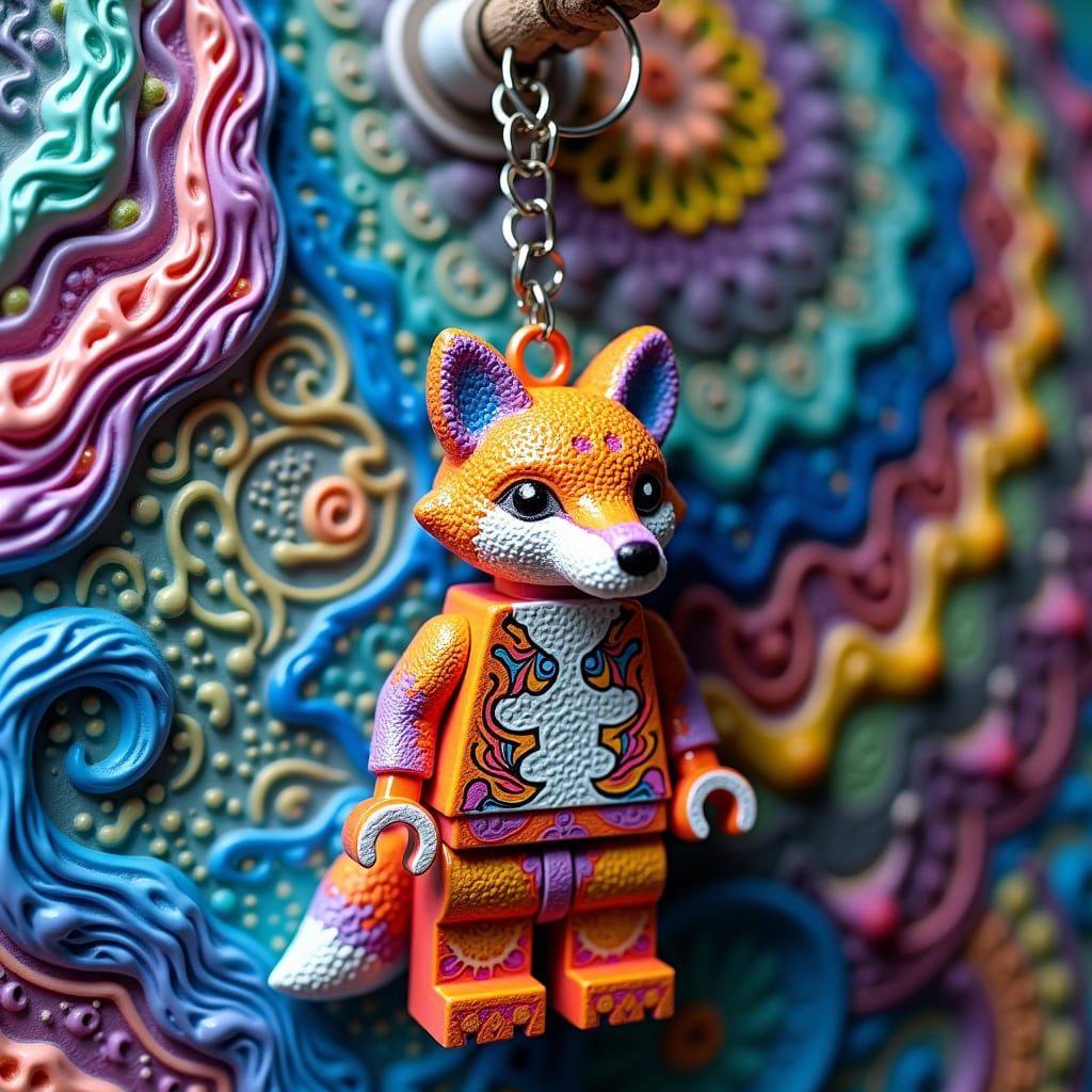 Rainbow Lego Fox Keychain with Fractal Background