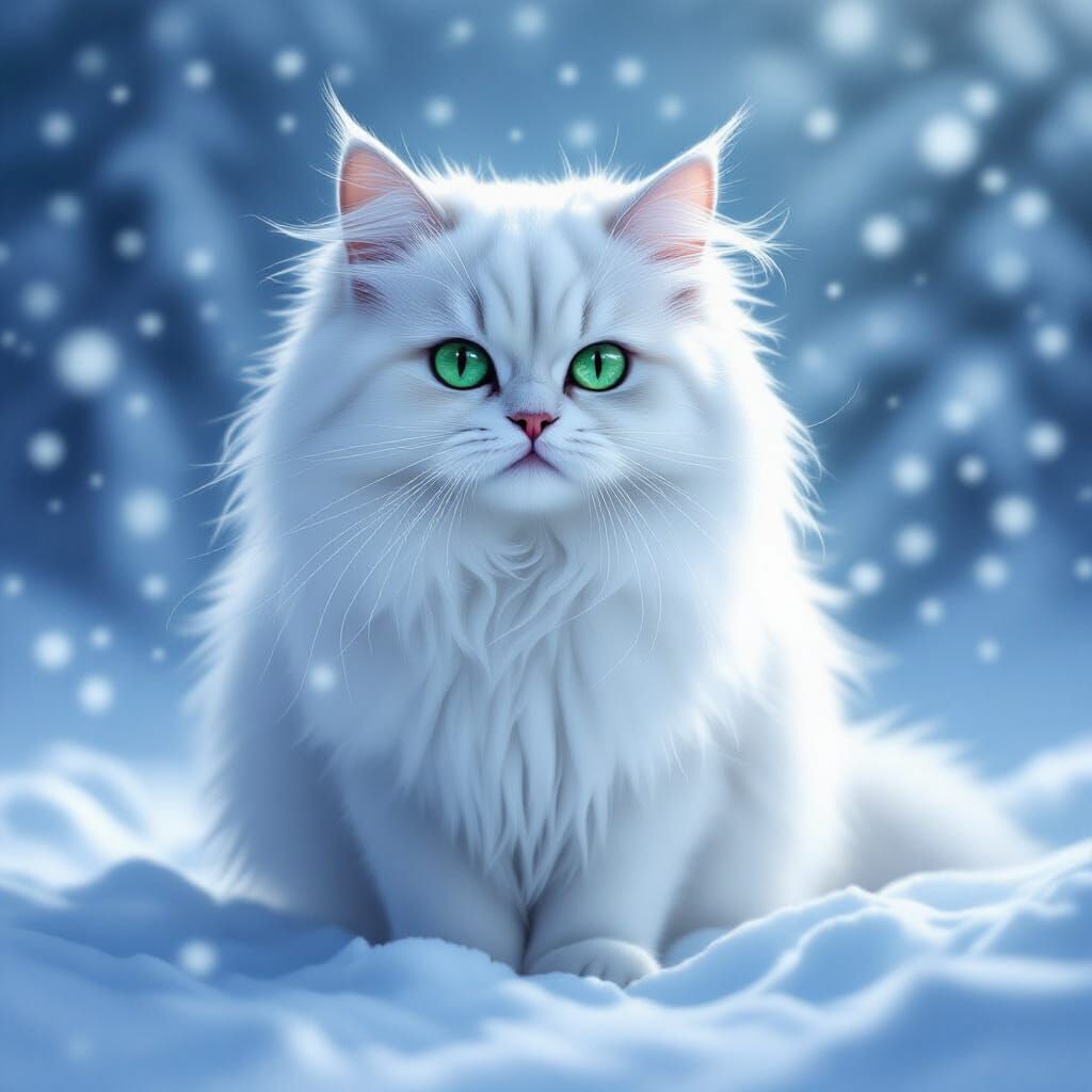Resilient White Cat in Ethereal Snowstorm Digital Painting