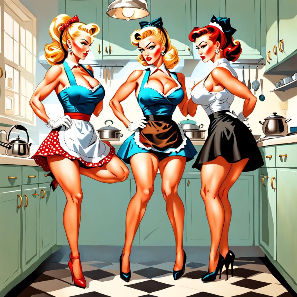 Pinup Housewives Catfight Staredown in Kitchen