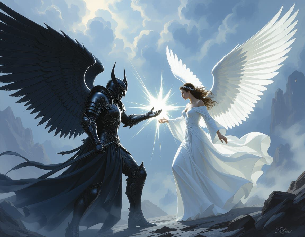 Angelic Battle in Cyberpunk Style