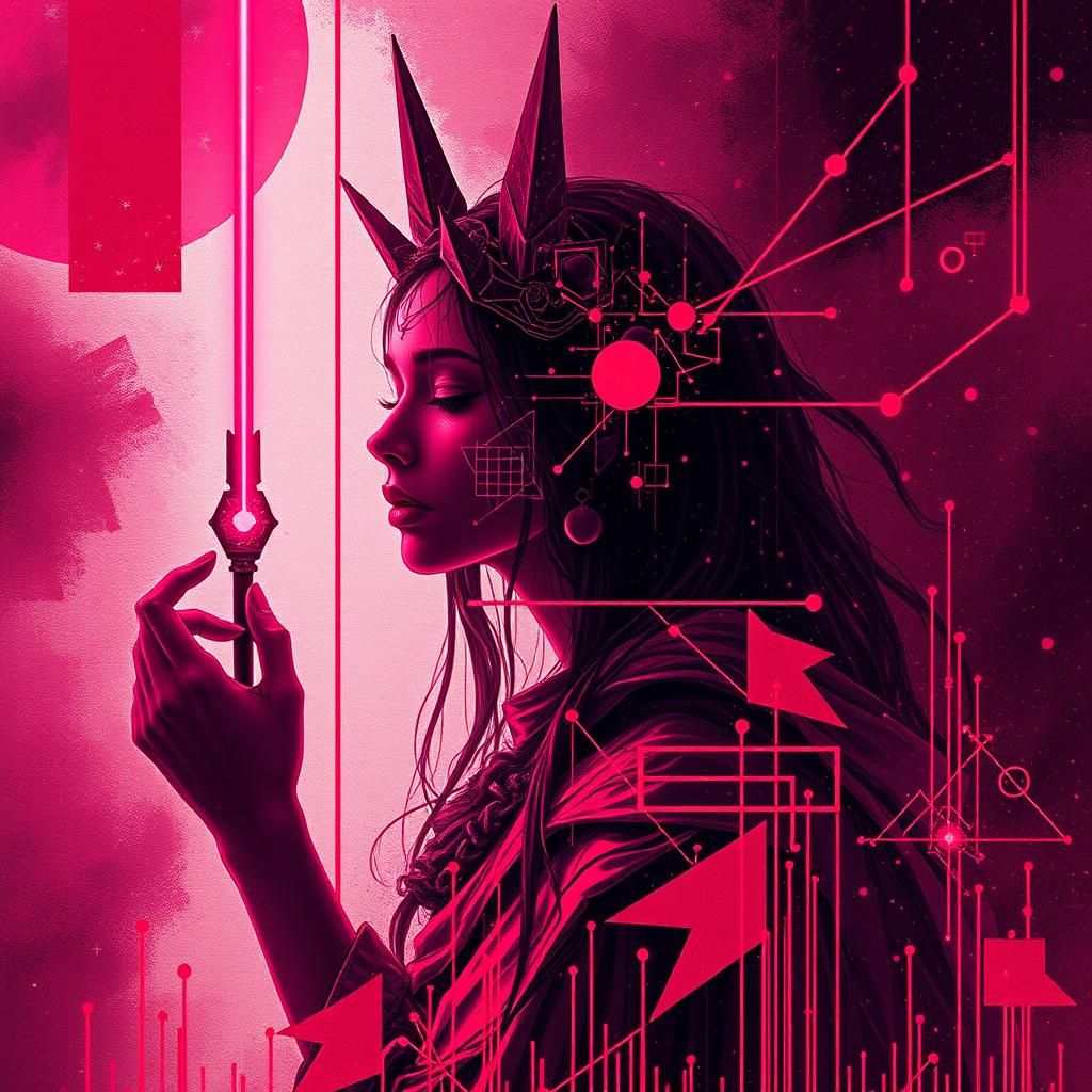 Abstract Ruby Constellation in Maximalist Glitch Art