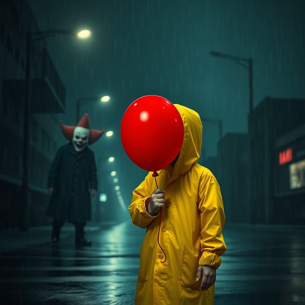 Eerie Night: Boy, Balloon, and Shadow Clown
