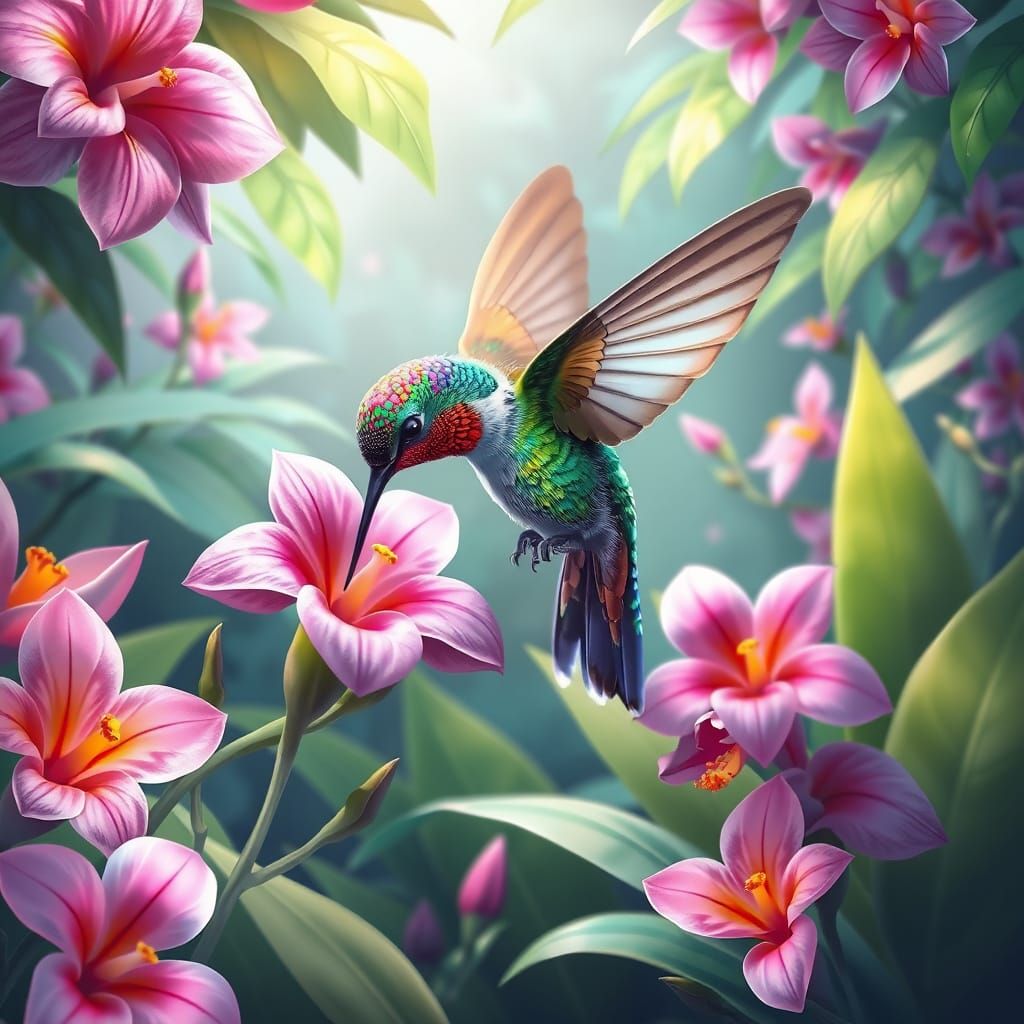 Hummingbird in Tropical Rainforest: Whimsical Pastel Art