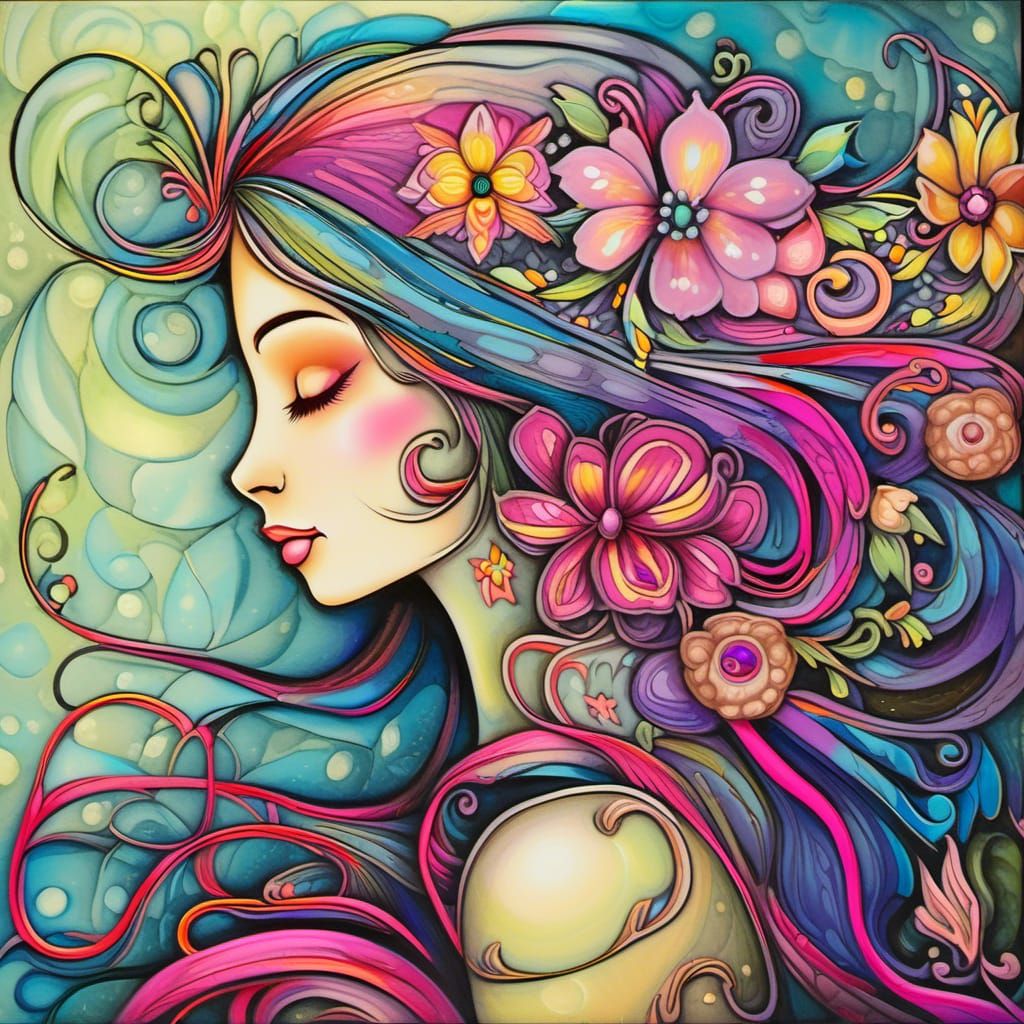 profile of a fairy with a highly stylized and artistic interpretation,with closed eyes. Her long hair should flow around...